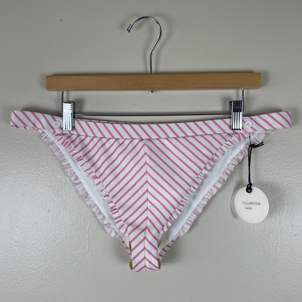 Tularosa Women'sโ XL Bikini Bottom Pink White Striped Ruffle Button Swim NEW
